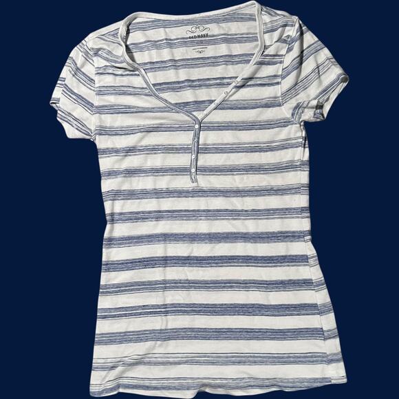 Old Navy M Minimalist Henley Tee White Blue Striped Short Sleeve Y2K Inspired - Picture 2 of 4